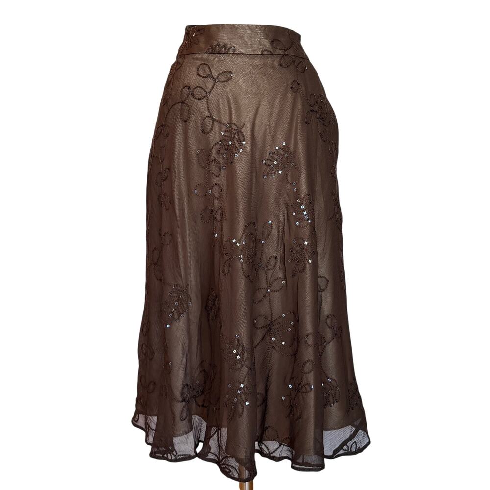 NWT Anne Klein Silk Skirt Size 4 Brown Chiffon Embroidered Midi Whimsigoth Y2K
